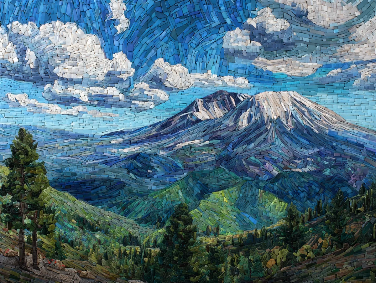 Mount St. Helens weergegeven als mozaïek van afzonderlijke tegels