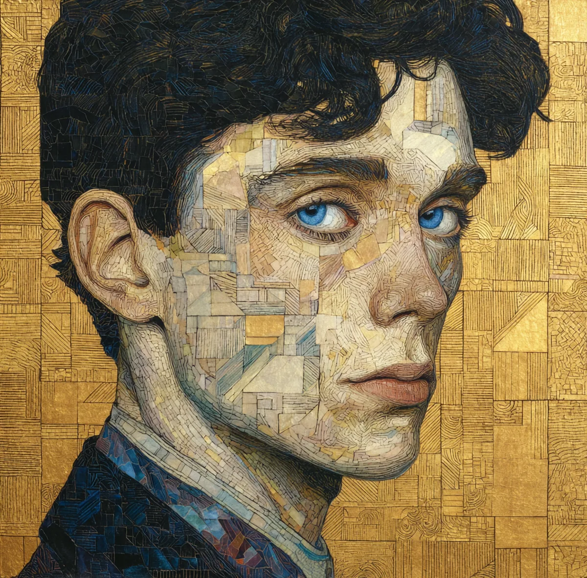 Portret van een jongeman met blauwe ogen, opgebouwd uit gouden mozaïeksteentjes