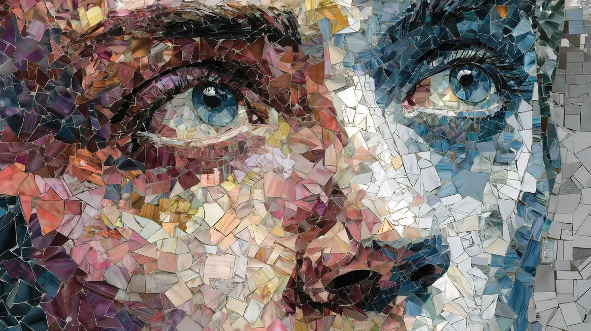 Portret opgebouwd uit gebroken spiegelscherven die elkaar net niet naadloos raken