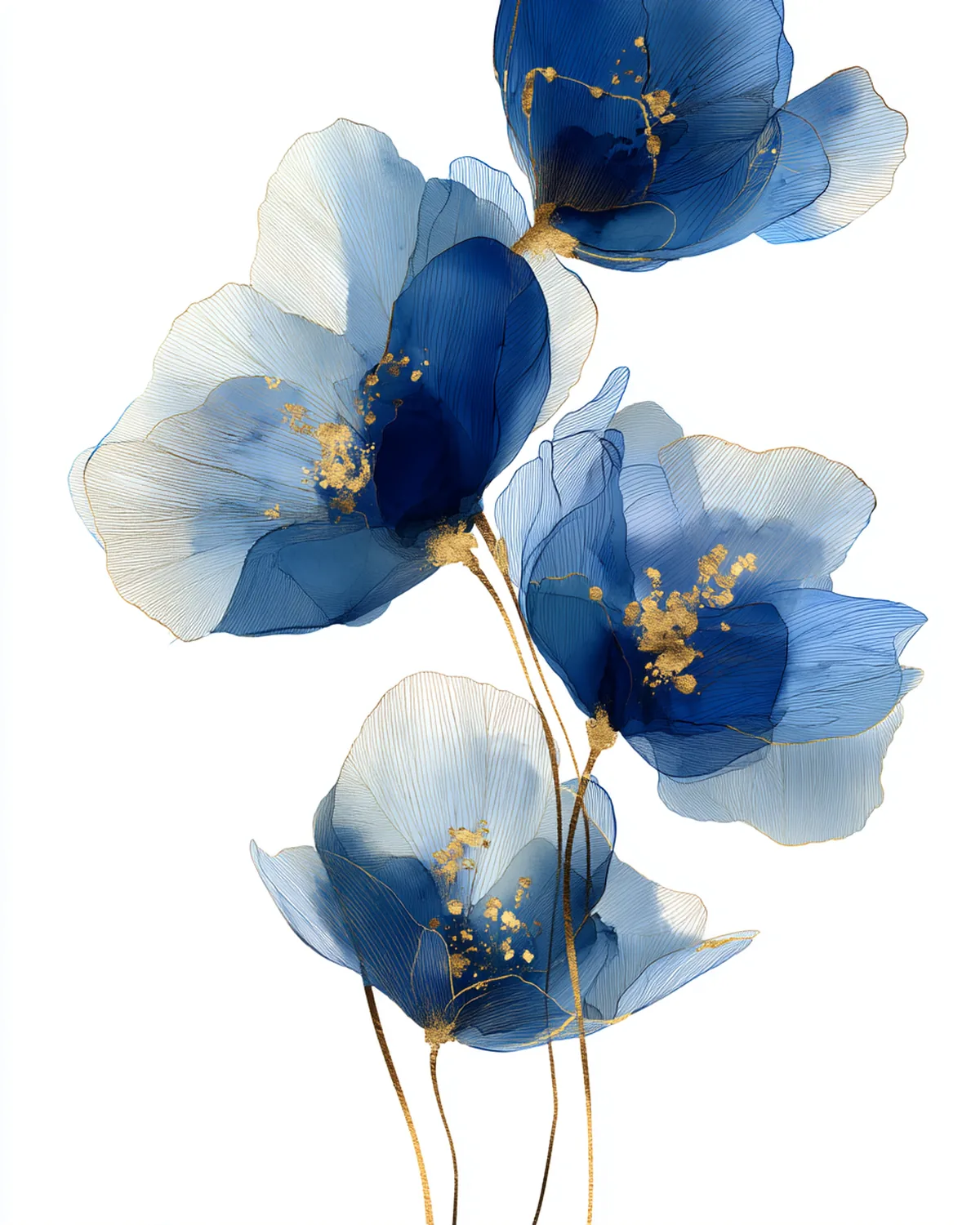 Portretformaat aquarel van vervagende bloemen in saffierblauwe tinten