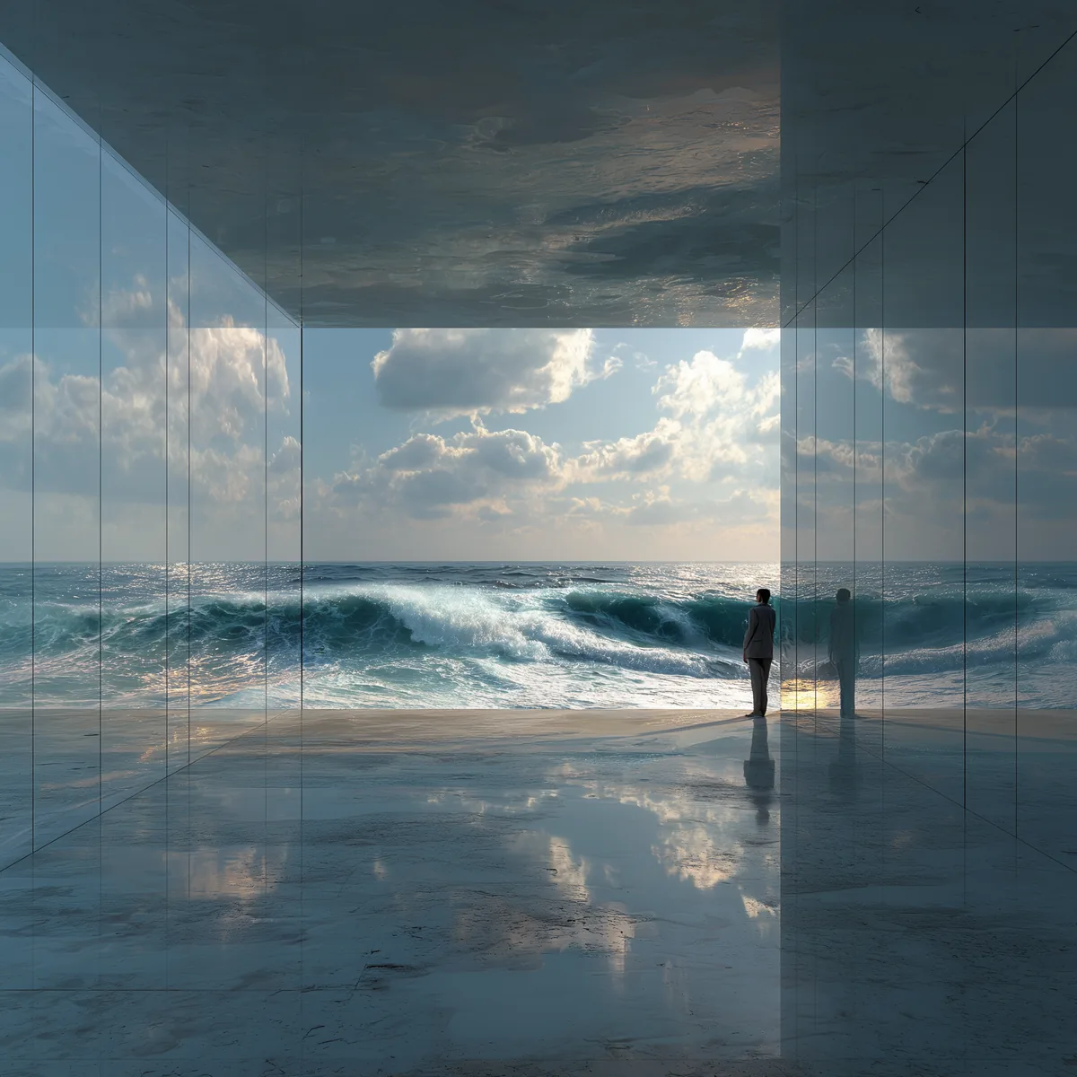 Vierkante compositie van een glazen wand die de kijker scheidt van een uitgestrekte zee
