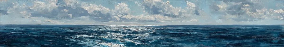 Zeer brede impressionistische zeegezicht met brede, losse penseelstreken in blauw en grijs