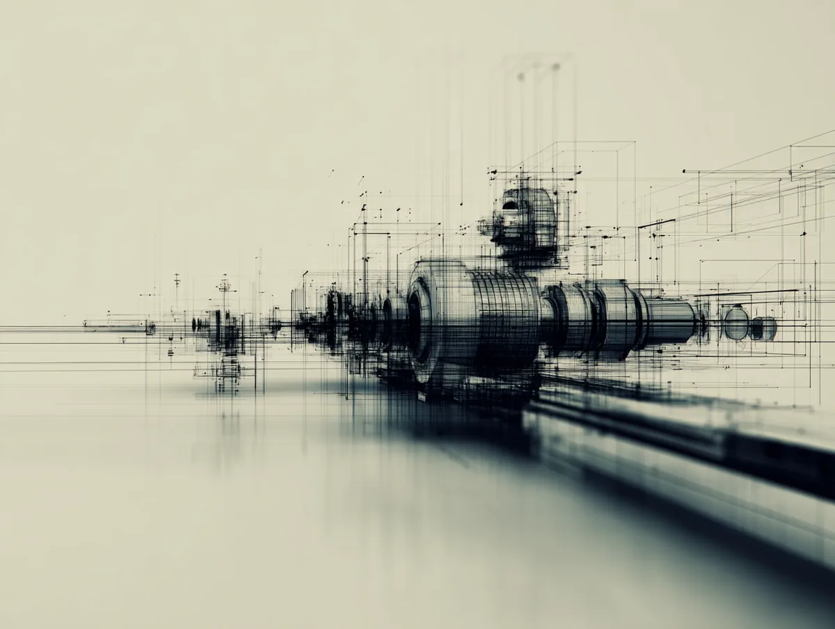 Technische lijntekening van een productiehal met machinelijnen en installaties