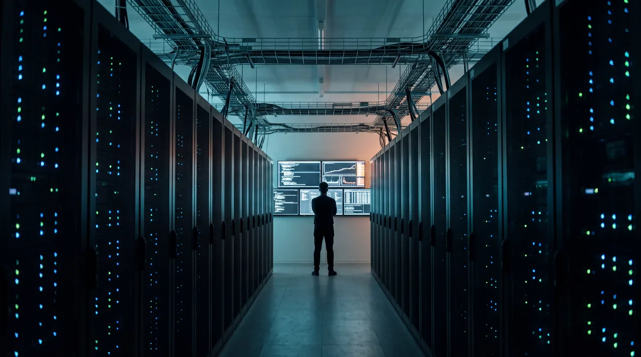 Gang tussen twee rijen serverracks in een datacenter, ledstrips langs het plafond, aan het eind een silhouet dat naar een scherm kijkt