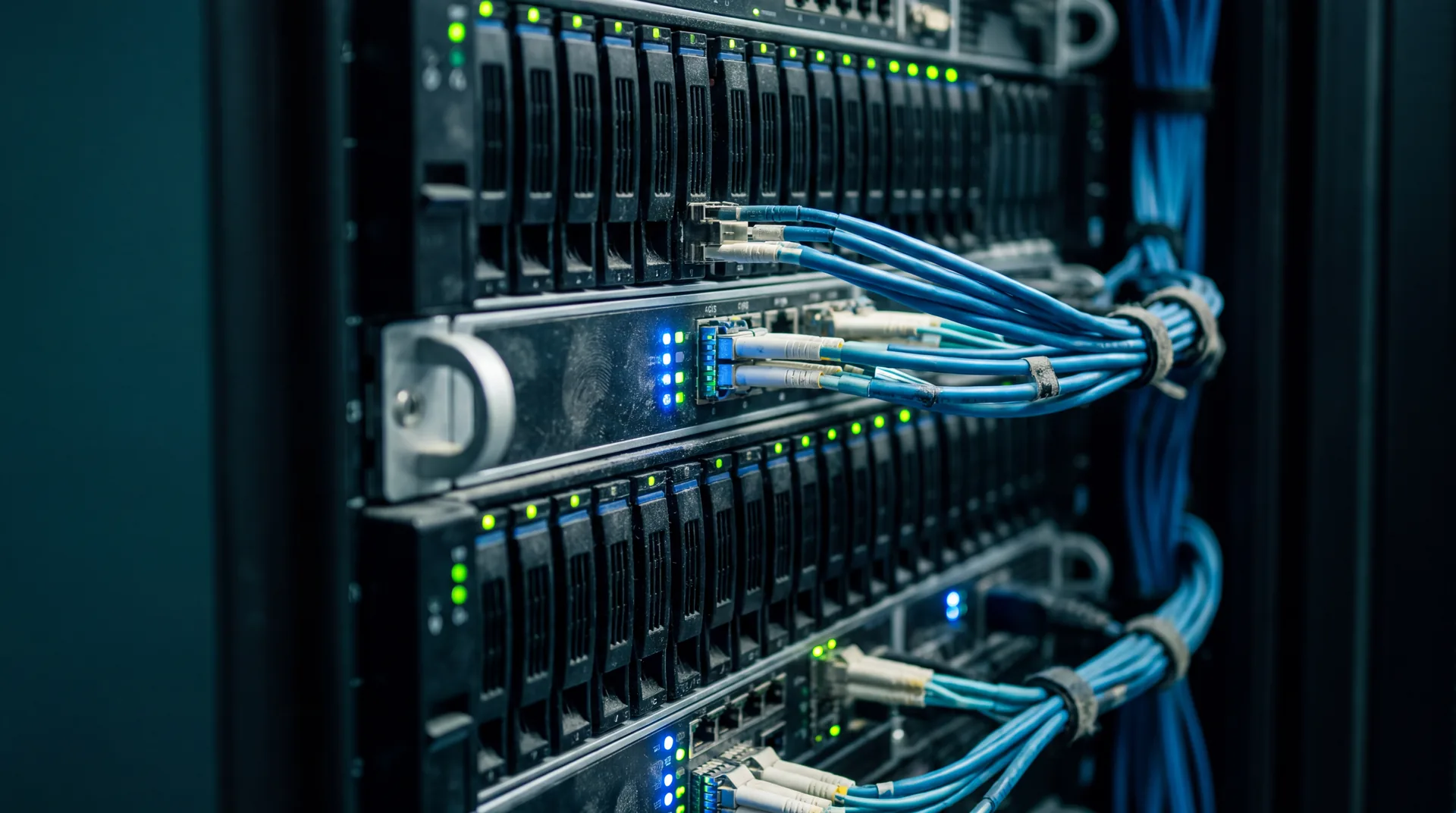 Glasvezelpatchkabels en oplichtende schijfbays van dichtbij in een serverrack