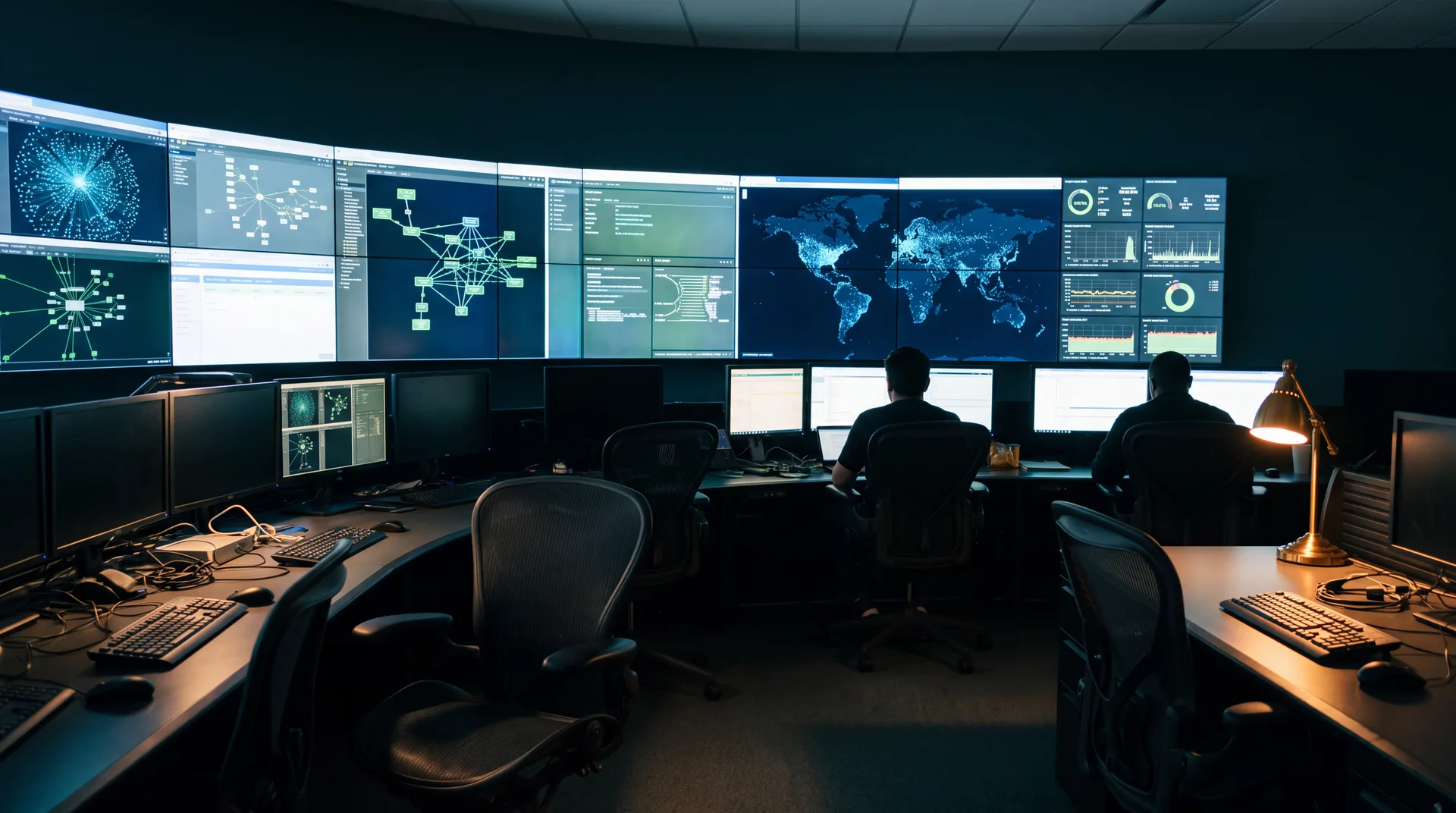 Beeldwand van een network operations center met dashboards, een topologiegraaf en een wereldkaart van stippen, operators op de rug gezien