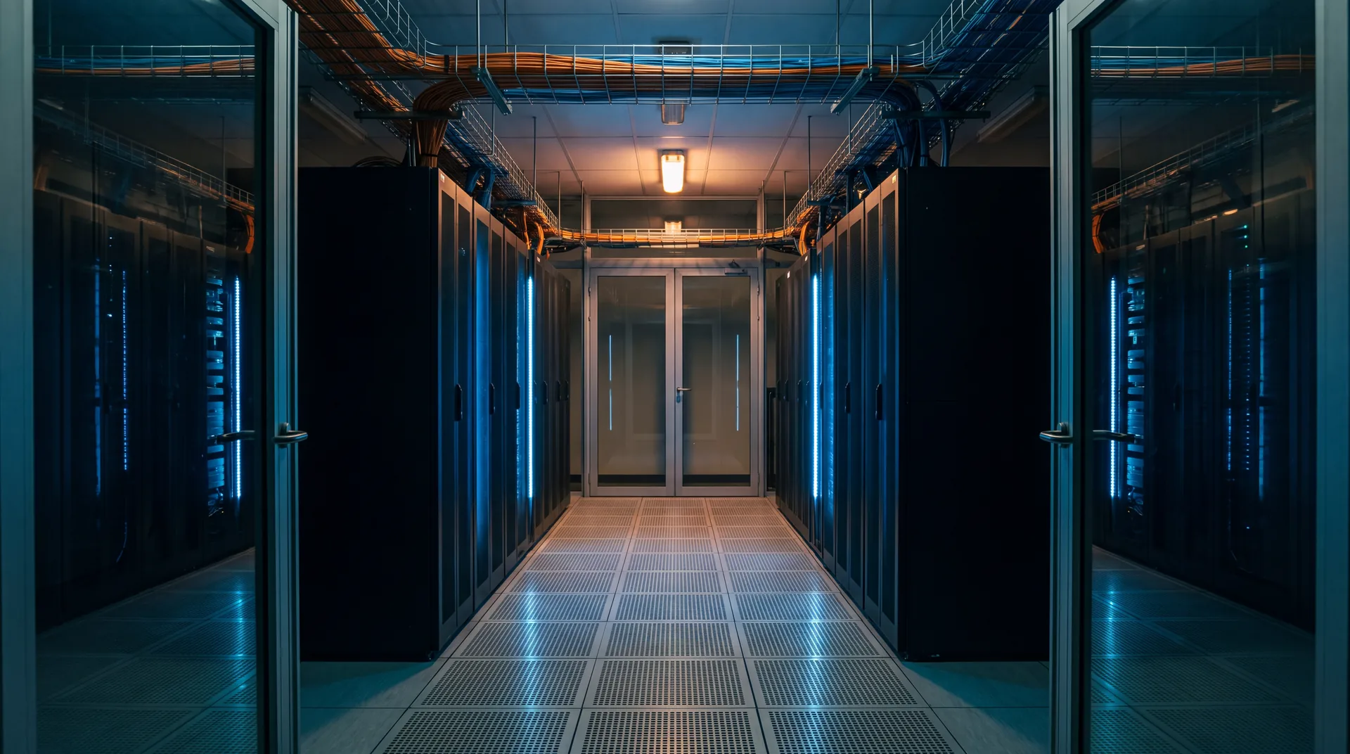 Lege koude gang in een datacenter, symmetrische rijen racks met blauwe ledverlichting