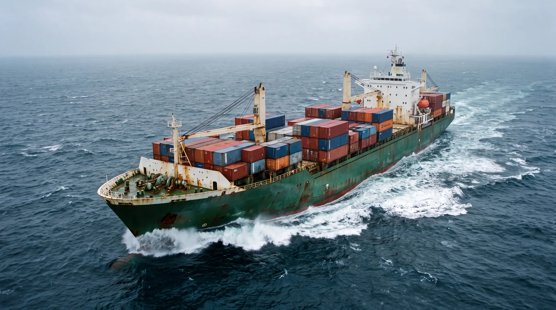 Boeg van een containerschip op open water, containers hoog opgestapeld op het voordek