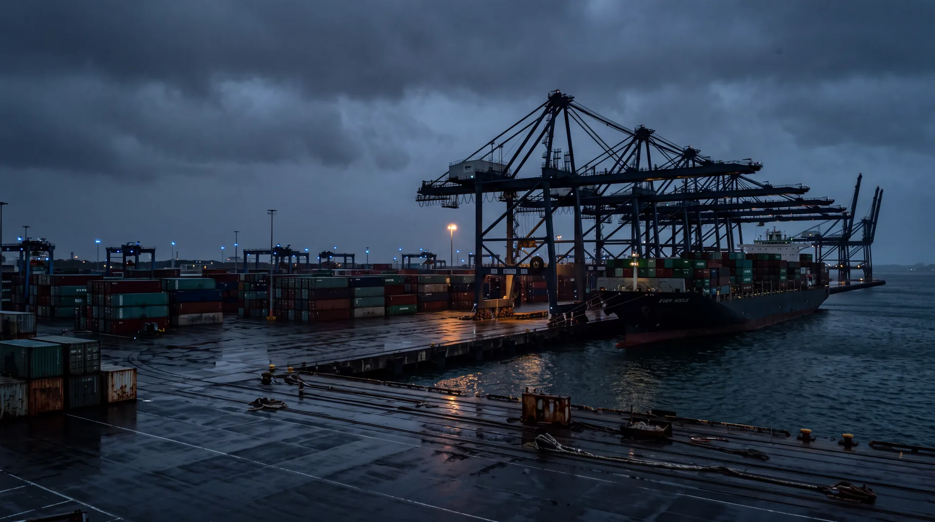 Silhouetten van portaalkranen boven een containerterminal tijdens het blauwe uur