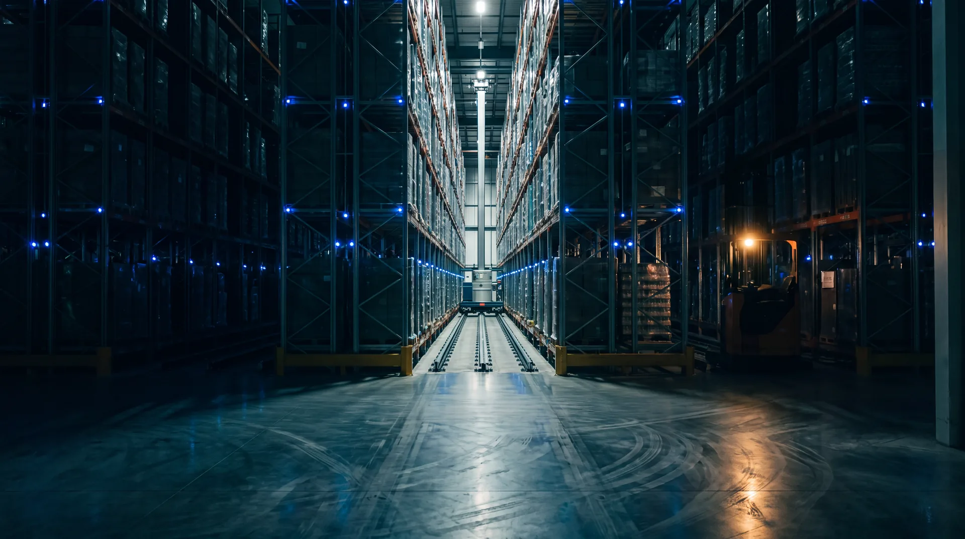 Gang in een geautomatiseerd magazijn, blauw oplichtende locatie-indicatoren langs de stellingen tot ver in de diepte