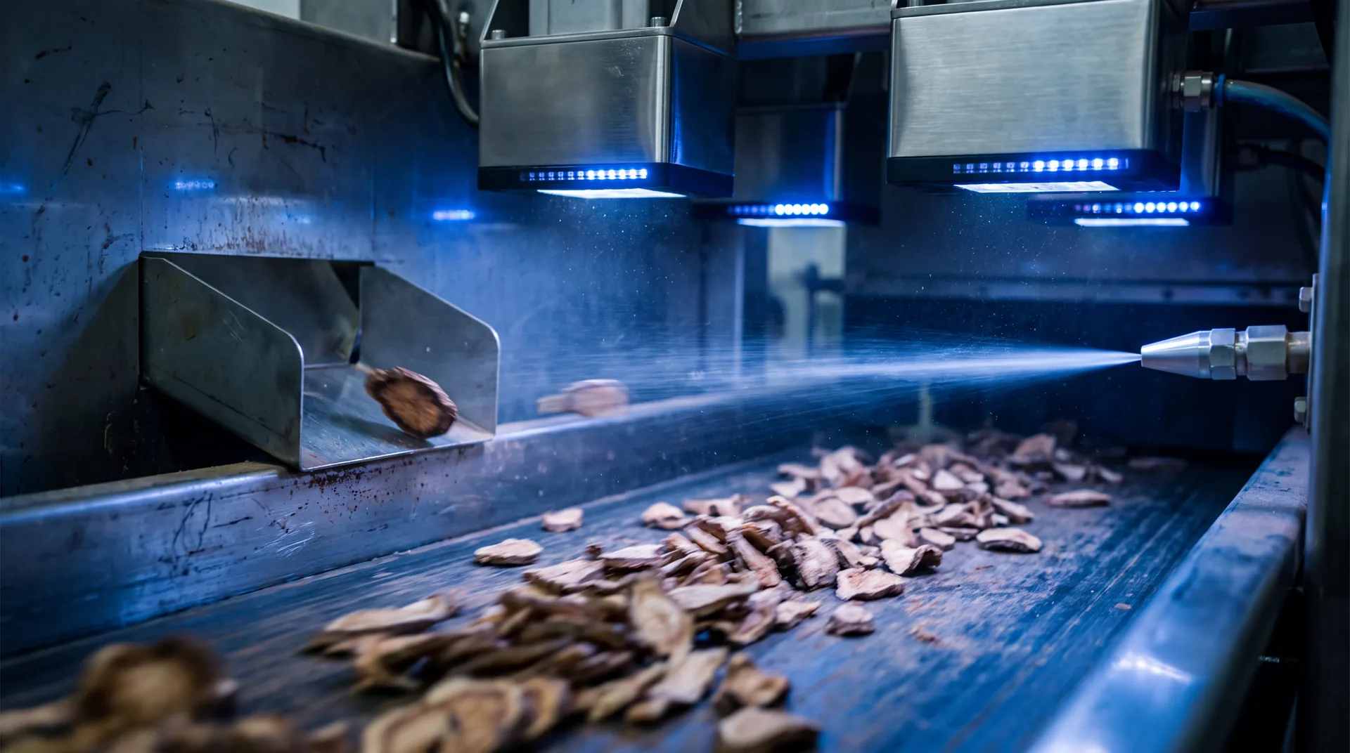 Optische sorteermachine in bedrijf, productstroom onder een blauwe scanbalk terwijl een luchtstoot een afkeurstuk uitstoot