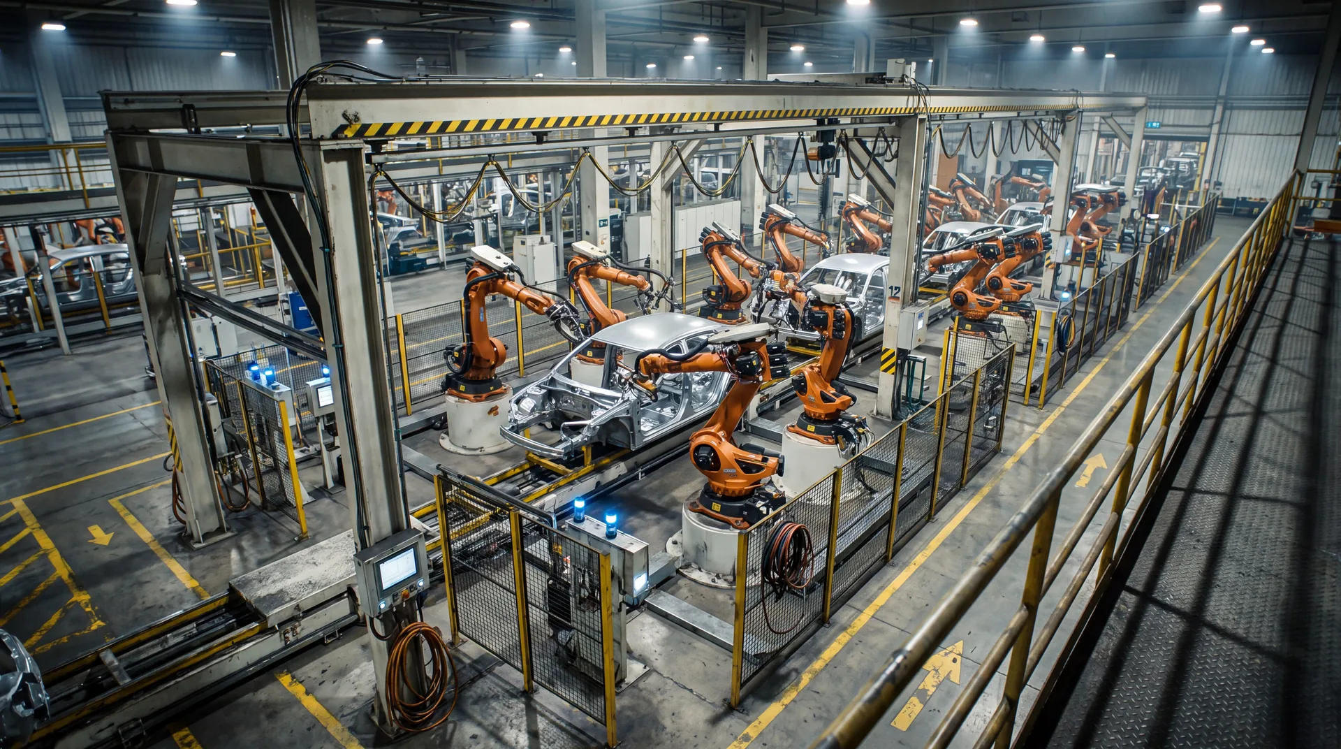 Assemblagehal van bovenaf gezien, een rij robotarmen langs de productielijn