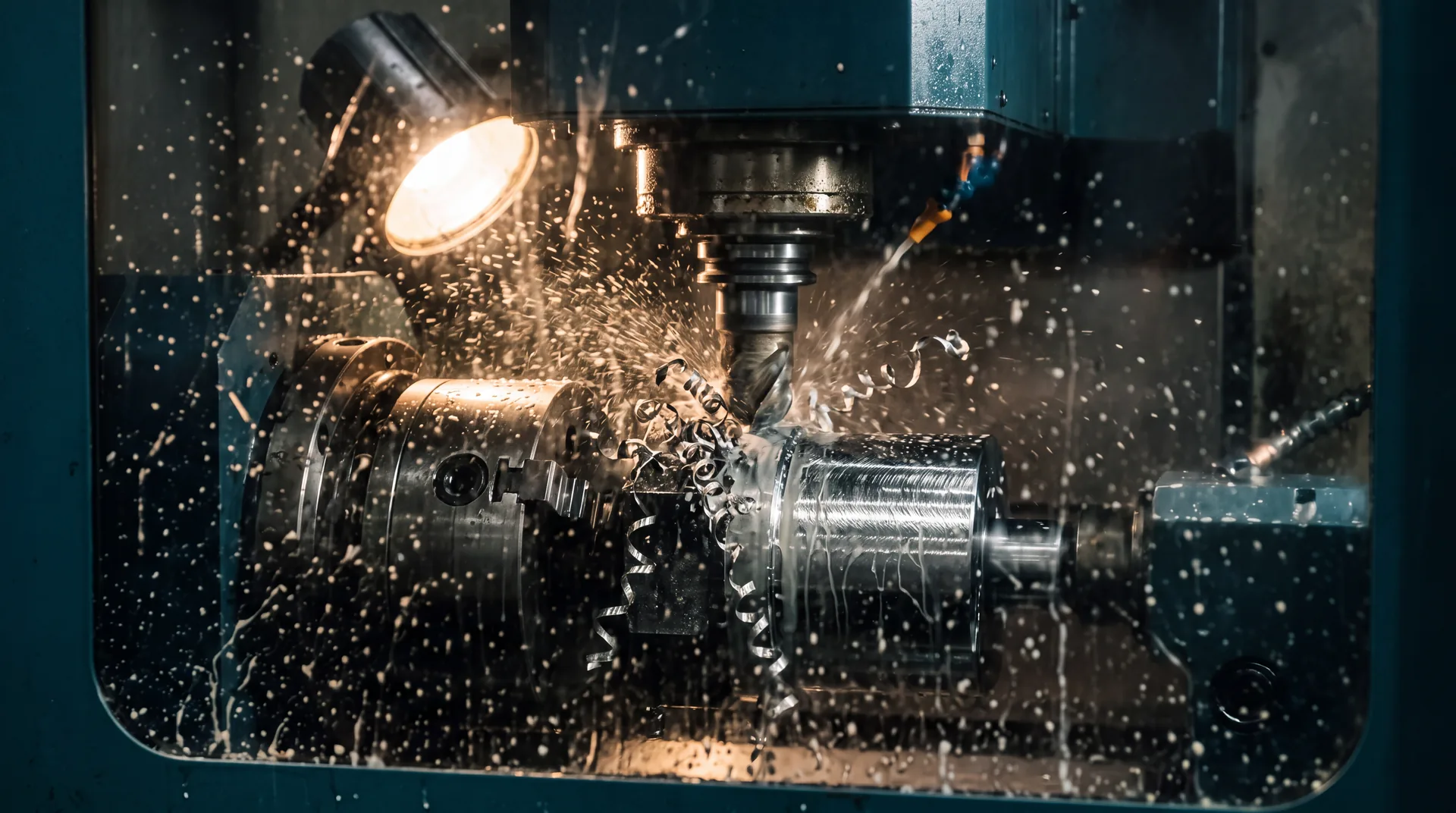 CNC-bewerking van dichtbij, krullende metaalspanen en koelvloeistof tegen het beschermglas