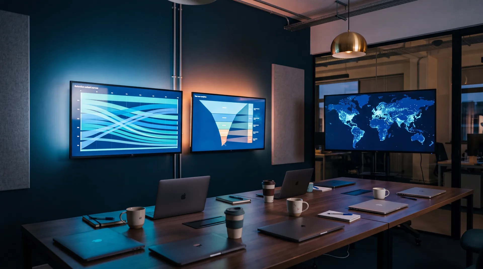 Analysewand met cohortgrafieken, een funnel en een wereldkaart van stippen boven een verlaten vergadertafel