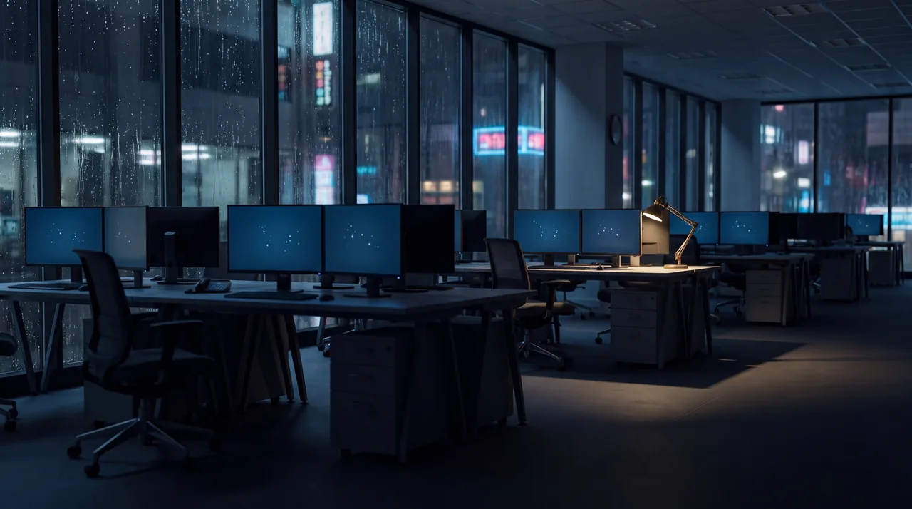 Kantoortuin in de avond, rijen lege bureaus met op elk scherm hetzelfde dashboard, regen op het glas