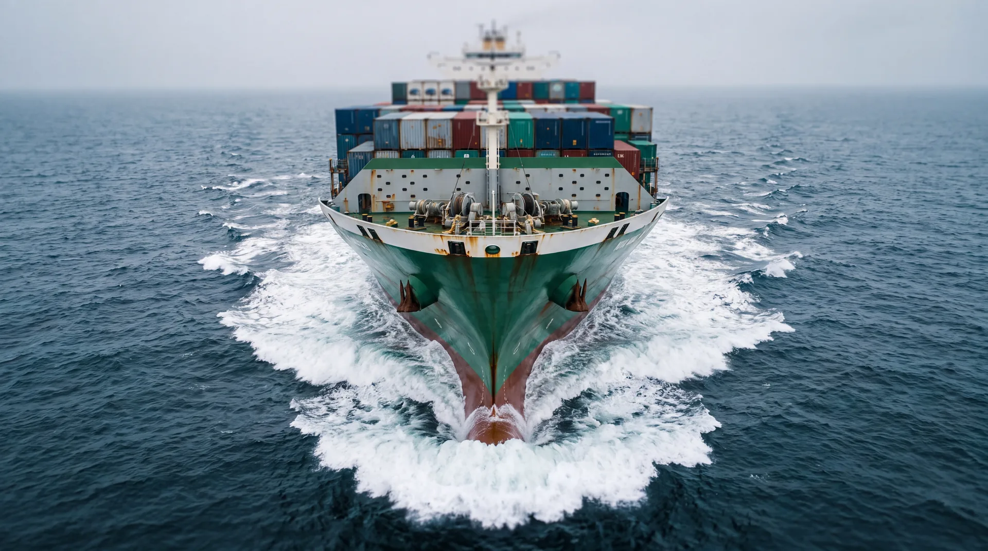 Containerschip recht van voren gezien, bolvormige voorsteven en oplopende boeggolven aan weerszijden