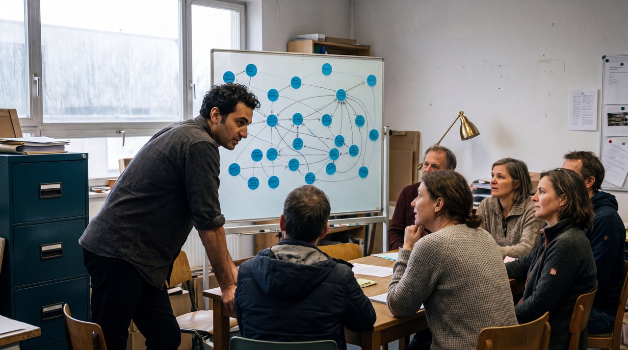 Workshopleider bij een whiteboard met een netwerk van verbonden knooppunten, deelnemers kijken mee