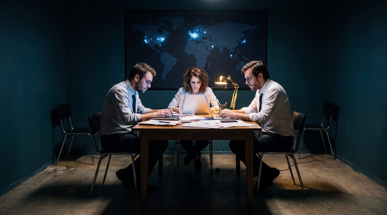 Drie mensen aan een tafel in een donkere ruimte, achter hen een wereldkaart met oplichtende knooppunten