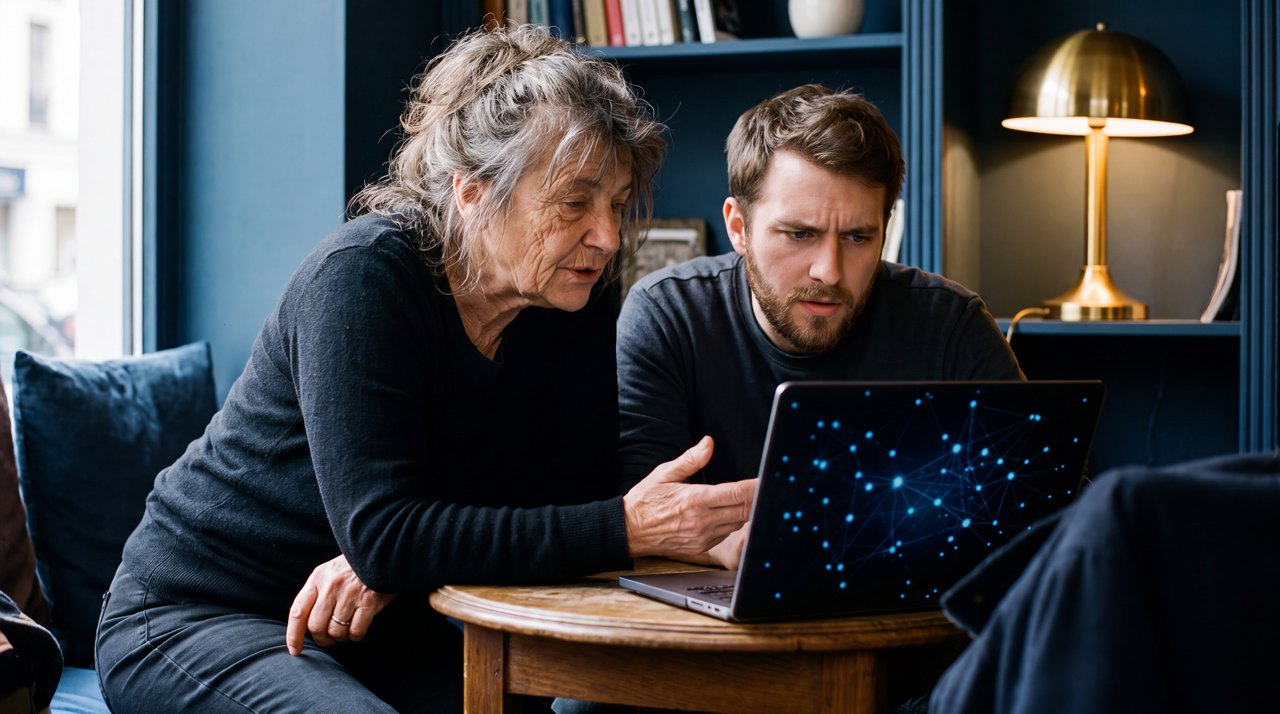 Twee mensen achter een laptop, de een legt iets uit aan de ander, op het scherm een veld van blauwe datapunten